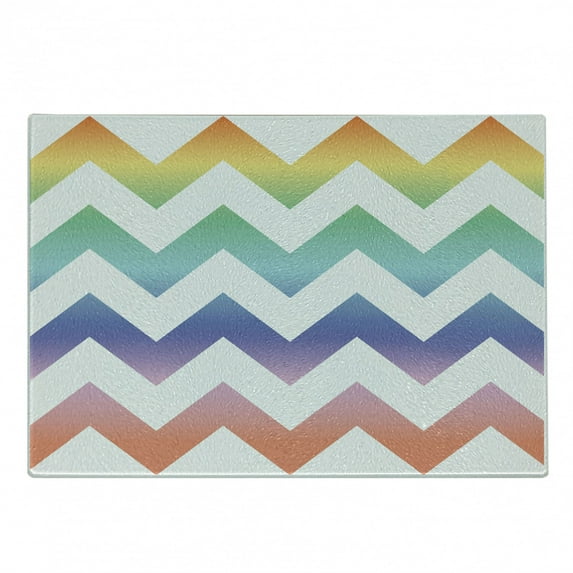 Geometric Cutting Board, Rainbow Tones Colorful Large Zig Zag Pattern Modern Abstract Style Composition, Decorative Tempered Glass Cutting and Serving Board, Small Size, Multicolor, by Ambesonne