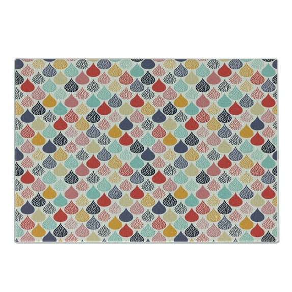 Geometric Cutting Board, Raindrops Doodle Style Creative Leaf Shaped Colorful Girls Theme, Decorative Tempered Glass Cutting and Serving Board, Small Size, Multicolor, by Ambesonne