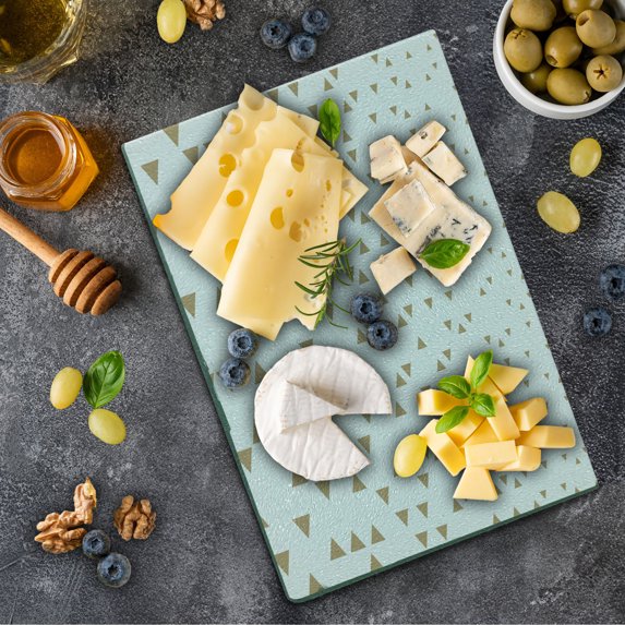 Geometric Cutting Board, Raining Effect of Diminishing Rotated Flyaway Equilateral Triangles, Decorative Tempered Glass Cutting and Serving Board, Small Size, Pale Brown and White, by Ambesonne