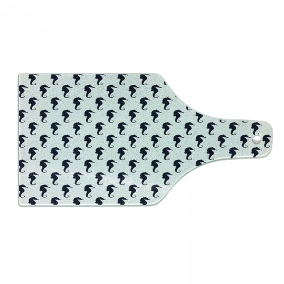Geometric Cutting Board, Seahorse Silhouette Pattern Sea Creatures Theme Monochrome Aquatic Animals, Tempered Glass Cutting and Serving Board, Wine Bottle Shape, Dark Blue White, by Ambesonne