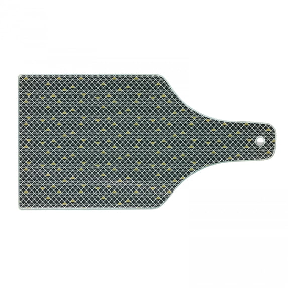 Geometric Cutting Board, Simplistic Rhombus Background with Diamond and Triangular Shapes, Decorative Tempered Glass Cutting and Serving Board, Wine Bottle Shape, Black White and Yellow, by Ambesonne