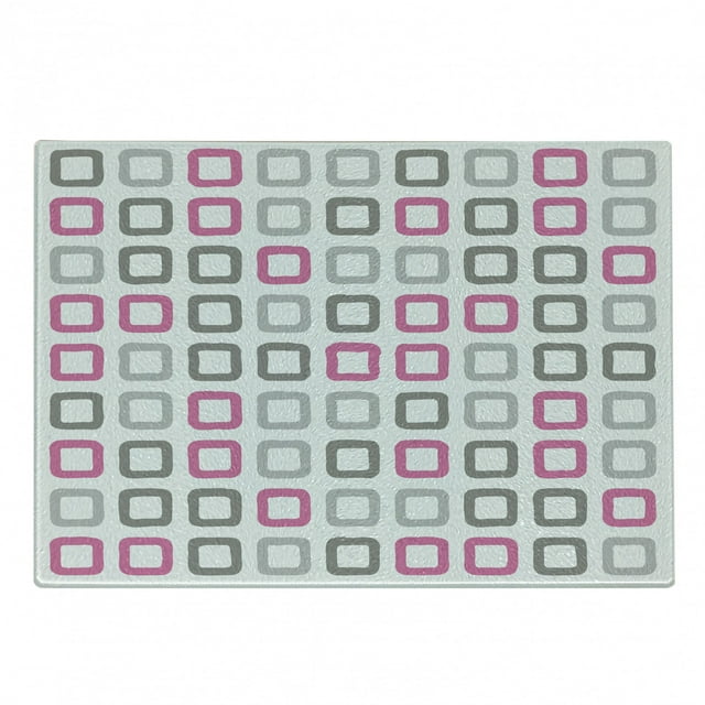 Geometric Cutting Board, Square Frames in Vintage Colors Geometric Pale Toned Illustration, Decorative Tempered Glass Cutting and Serving Board, Small Size, Pink White Grey, by Ambesonne