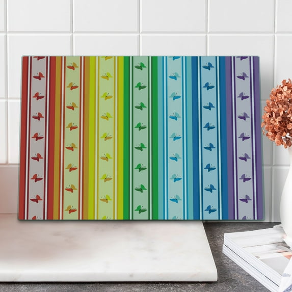 Geometric Cutting Board, Striped Rainbow Pattern with Buttferflies Mixed Harmony Geometric Pastel Print, Decorative Tempered Glass Cutting and Serving Board, Large Size, Multicolor, by Ambesonne