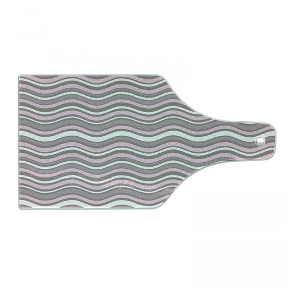 Geometric Cutting Board, Wavy Horizontal Stripes Ocean Pattern Abstract Inspirations Sea Effect, Tempered Glass Cutting and Serving Board, Wine Bottle Shape, Warm Taupe Pink Cream, by Ambesonne