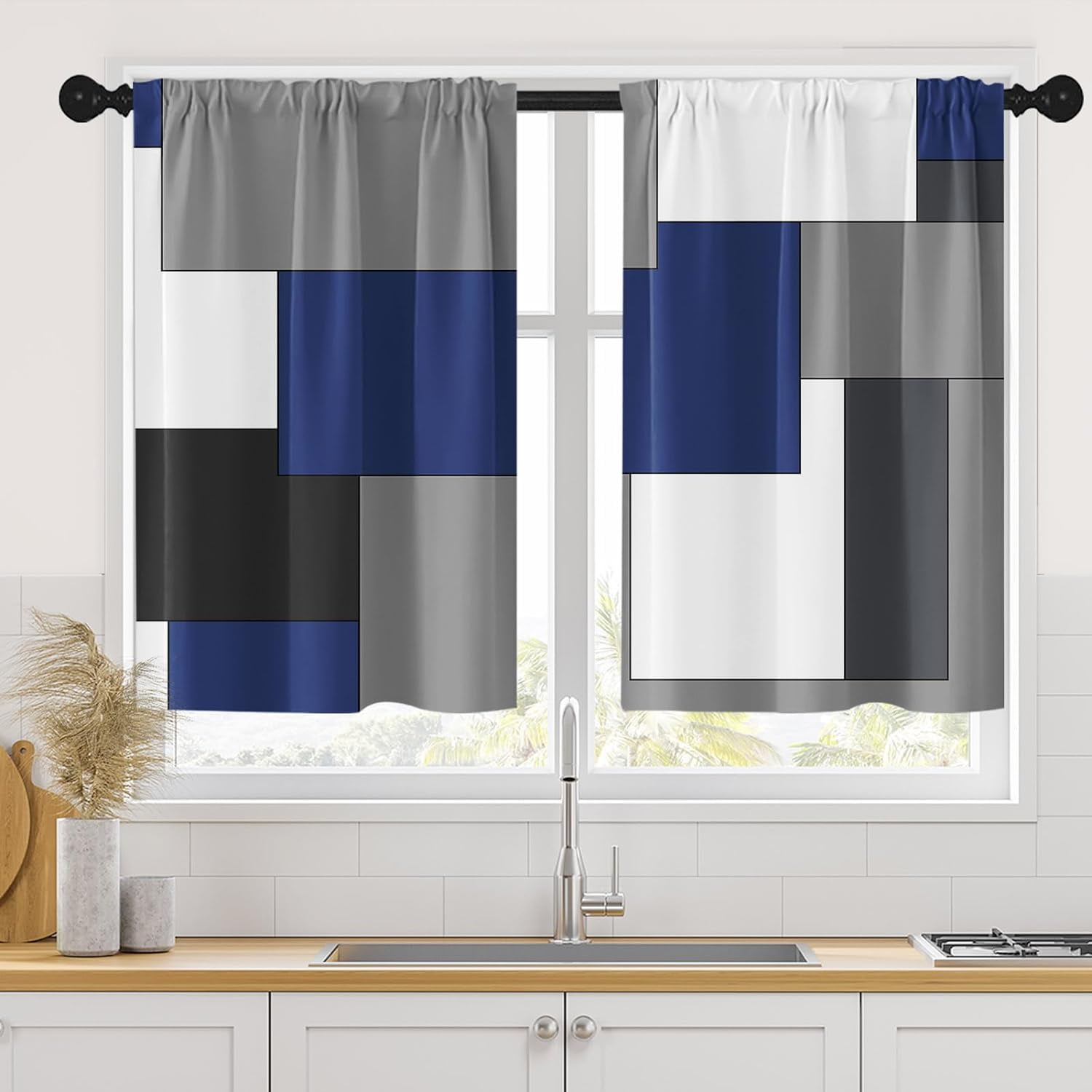 Geometric Dark Blue Kitchen Curtains 36 Inch Length Black Grey White