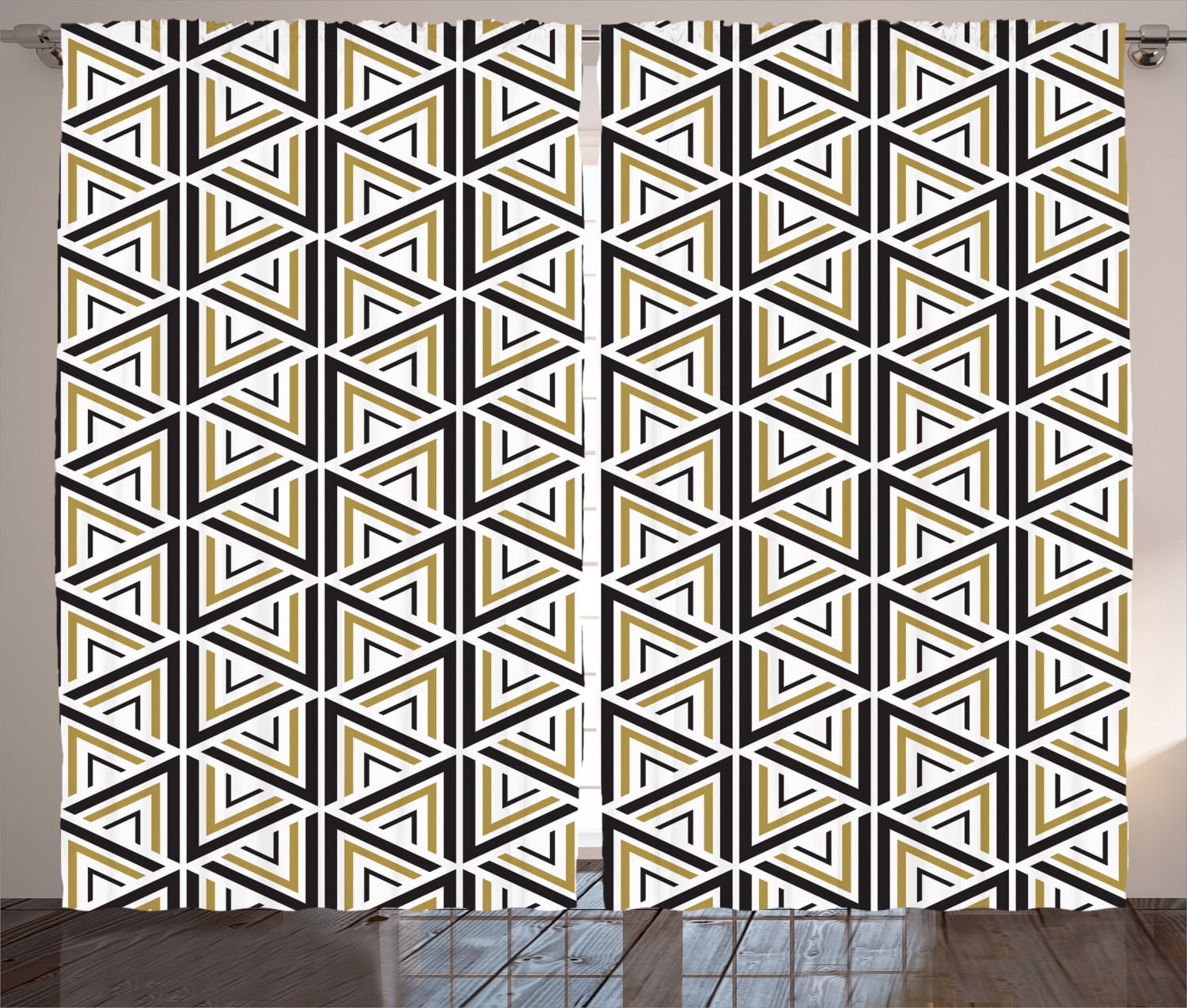 Modern Black and Mustard Geometric Polyester Curtain Panels