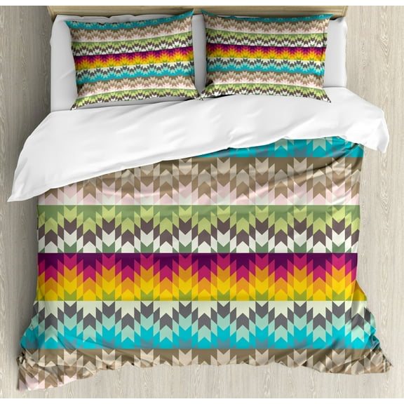 Geometric Decor King Size Duvet Cover Set, Ethnic Tribal Pattern with African Primitive Effects in Contrast Colors Display, Decorative 3 Piece Bedding Set with 2 Pillow Shams, Multi, by Ambesonne