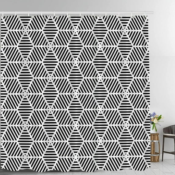 Geometric Decor Shower Curtain, Blackstriped Rhombus Diamond Geometry Bathroom Decor Polyester Fiber Plastic Rings Quick-Drying Waterproof for Bathtubs/Bathroom 72"W x 96"L (Pack of 1)