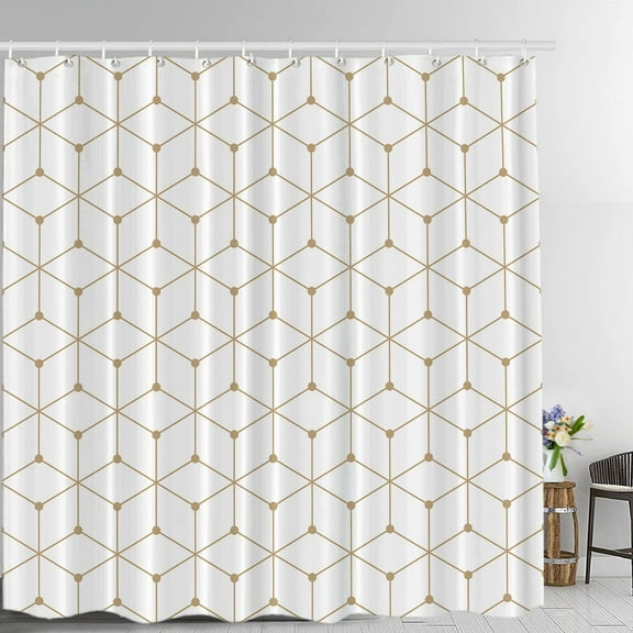 Geometric Decor Shower Curtain, Sacred Geometry Grid Graphic Golden Hexagon Bathroom Decor Polyester Fiber Plastic Rings Quick-Drying Waterproof for Bathtubs/Bathroom, 72x72 inches