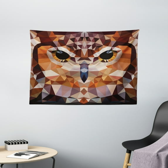 Geometric Decor Tapestry, Mosaic Owl Head in Triangle Forms Retro Style Funky Geometric Art Print, Wall Hanging for Bedroom Living Room Dorm Decor, 60W X 40L Inches, Brown Orange, by Ambesonne