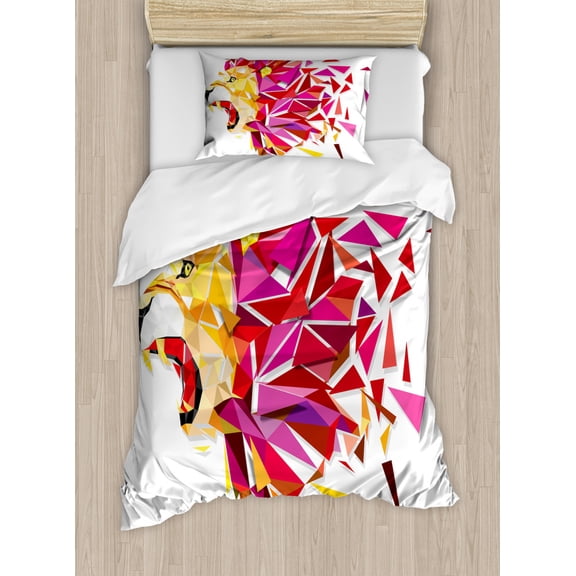 Geometric Decor Twin Size Duvet Cover Set, Polygon Art Stylized Lion King Figure with in Gradient Tones Modern Art Print, Decorative 2 Piece Bedding Set with 1 Pillow Sham, Multi, by Ambesonne
