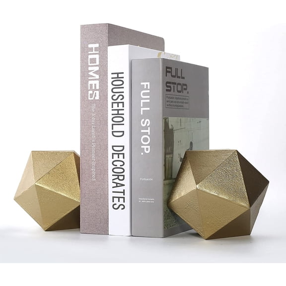 Geometric Decorative Ball Shaped Bookends, Modern Cast Iron Gold Bookends for Office Desk, Book Shelf, Room Decor, Home Office, Book Stand or Organizer, Set of 2