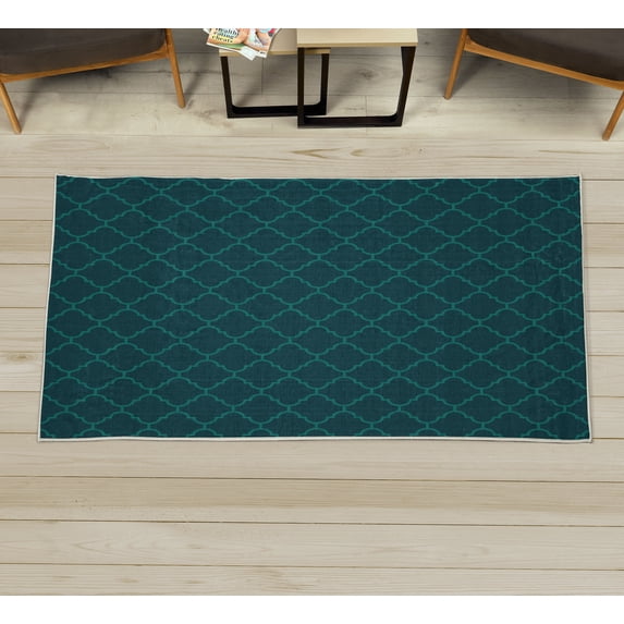 Geometric Decorative Rug, Simple Monochrome Patterns Linked Forms on Plain Background Modern, Quality Carpet for Bedroom Dorm and Living Room, 6 Sizes, Dark Teal, by Ambesonne