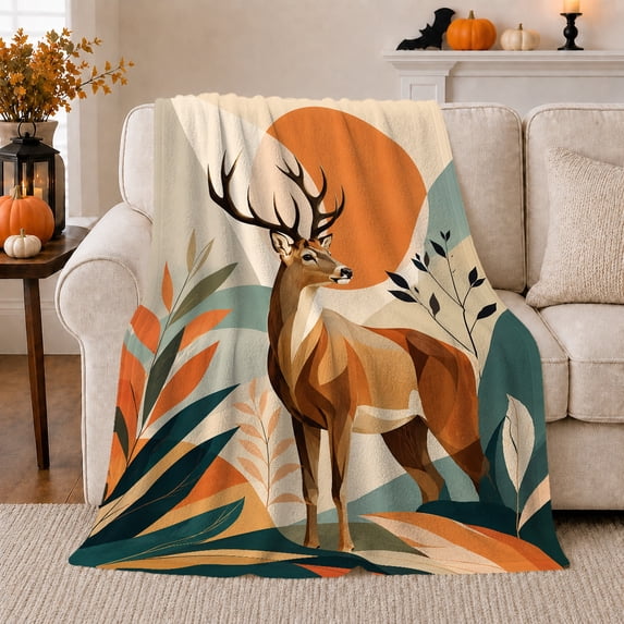 Geometric Deer with Orange Sun and Abstract Leaves, Modern Woodland Art Warm Flannel Blanket, Home Decor for Deer Lovers, Cabin and Bedroom, Father's Day Gift, Teal Autumn Scene