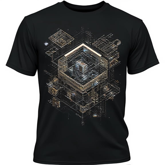 Geometric Design Black T-Shirt with Gold and White Accents