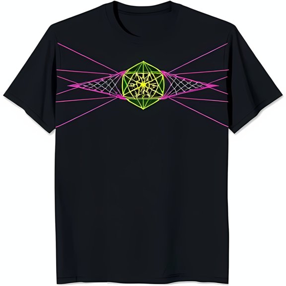 Geometric Design Black T-Shirt with Green & Yellow and Pink Lines