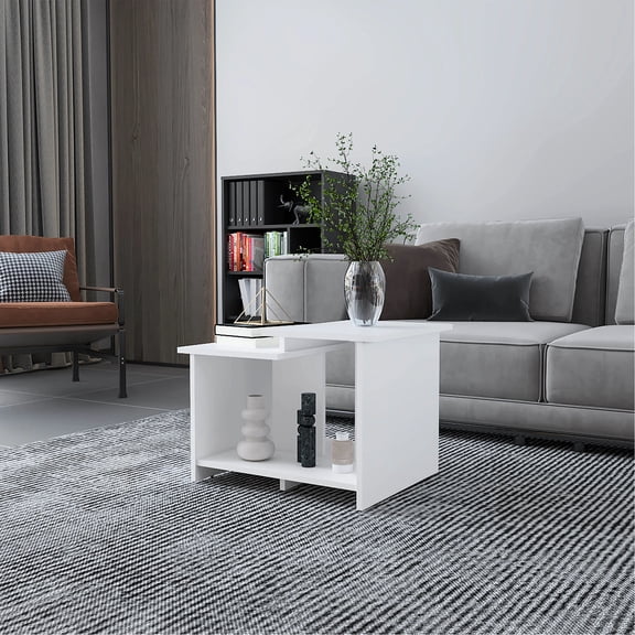 Geometric Design Coffee Table With Open Compartments, White Look Rectangular Storage, Modern Aesthetic