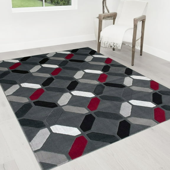 Geometric Design Modern Contemporary Livingroom Lava Red Grey Silver Black Dimond Pattern Area Rug