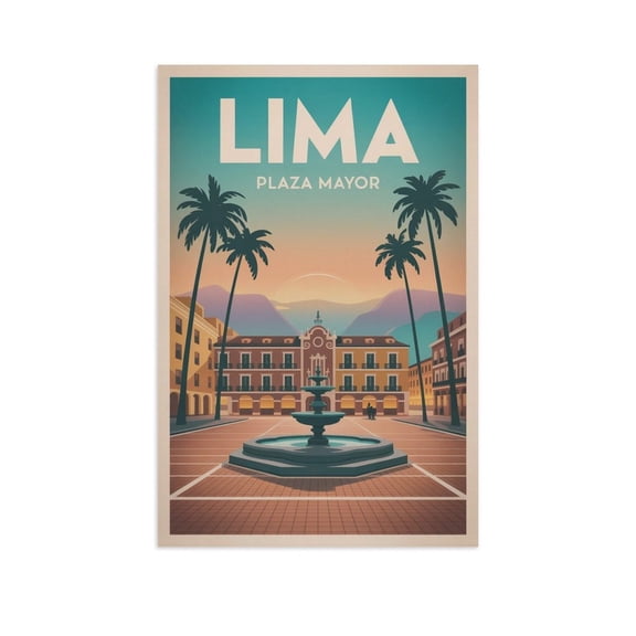 Geometric Design Wall Art Plaza Mayor Peru Retro Travel Poster Lima Colonial Square Landscape Print Poster