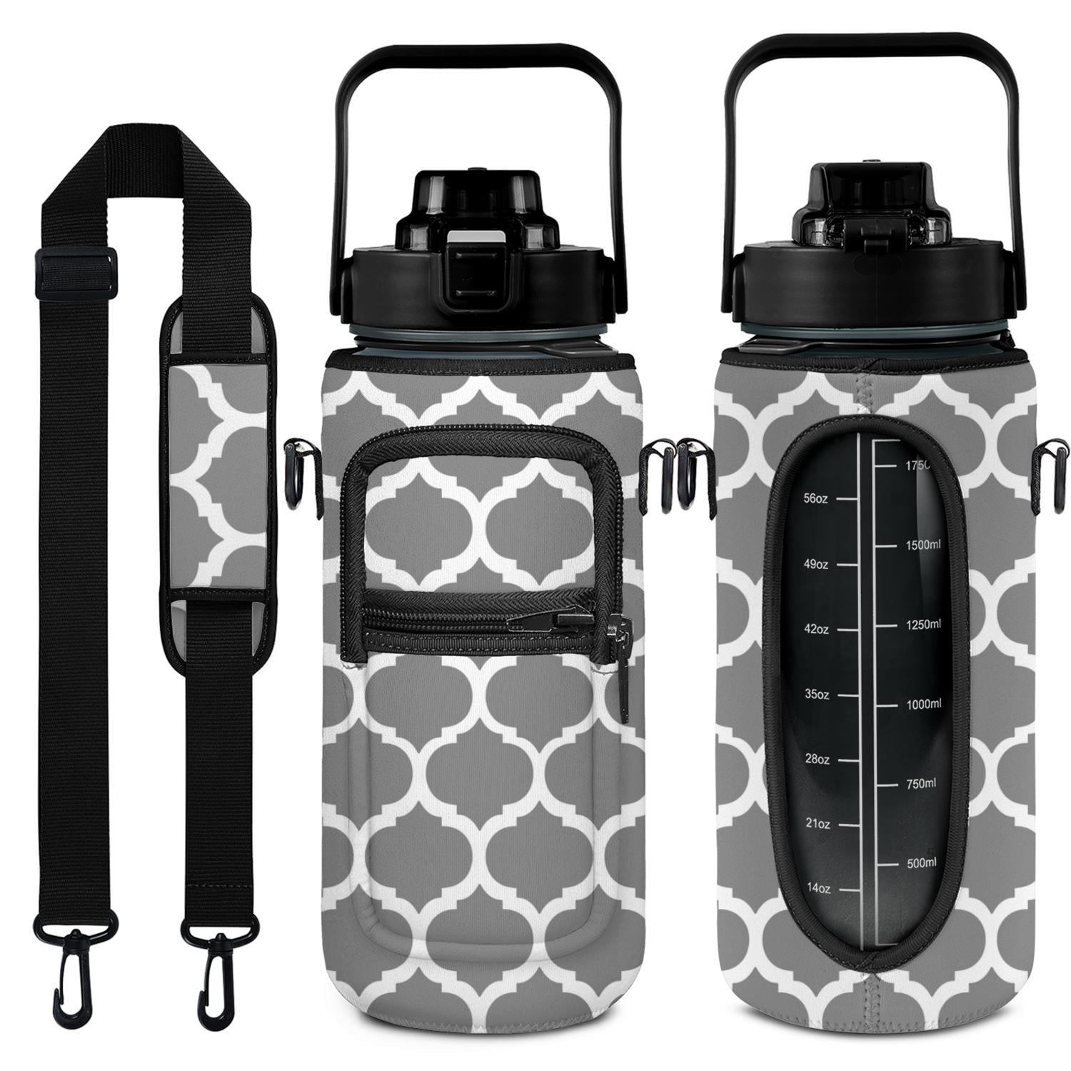 Geometric Diamond 64 Oz Half Gallon Water Bottle with Sleeve BPA Free Leakproof Sport Large Plastic Water Bottle with Straw&Time Marker & Insulated Neoprene Holder Carrier Bag Gift for Women Men