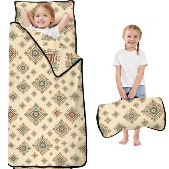 Geometric Diamond Beige Pattern Teens Toddler Nap Mat with Pillow, Sleeping Mat Bag for Preschool Daycare 60"x20"