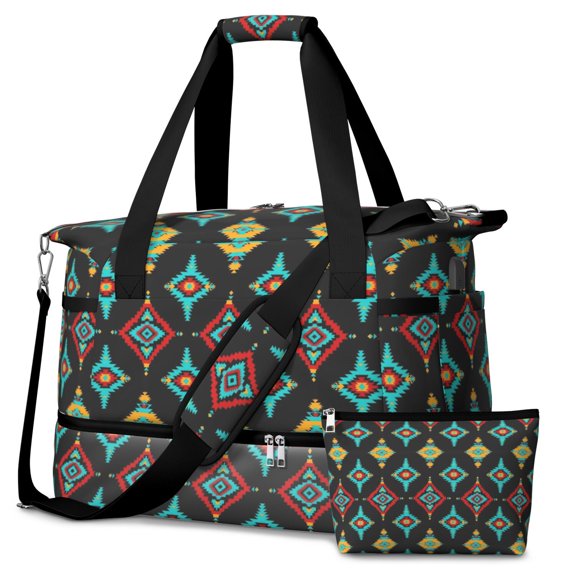 Geometric Diamond Black Pattern Gym Duffel Bag 2 Piece Set, Travel Weekender Bag with Shoe Compartment & Toiletry Bag, Large Capacity Gifts for Women Men,18.5 X 8.7 X 14.2 Inches
