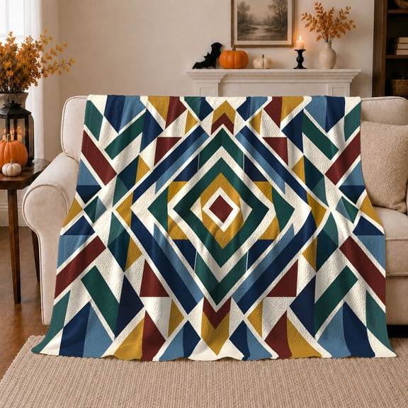 Geometric Diamond Flannel Blanket with Angular Patchwork Style in Navy, Green, Gold and Rust, Modern Art Lovers Housewarming Gift, Bold Abstract Throw for Living Room Sofa or Bedroom