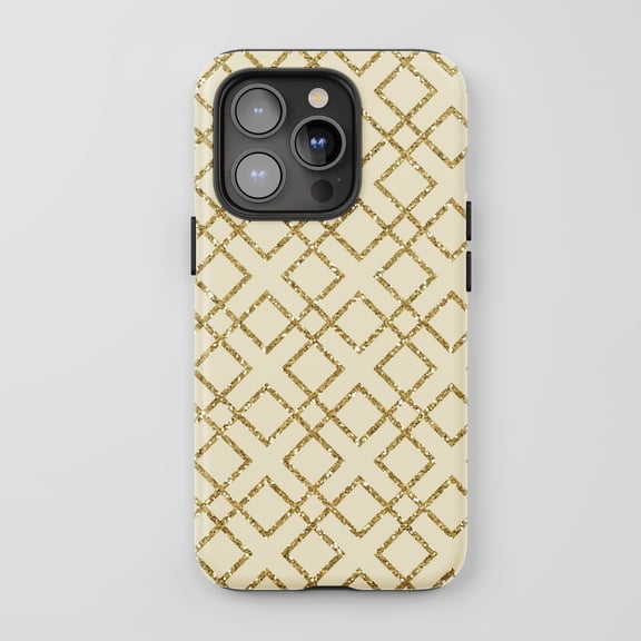 Geometric Diamond Glitter Pattern For All iPhone Series Tough Phone Case Art Deco Gold Cream