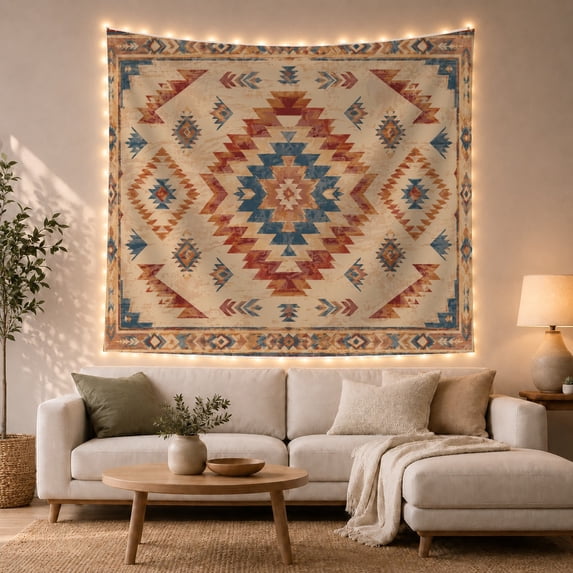 Geometric Diamond Motif on Weathered Cream Background, Calming Rustic for Boho Decor Lovers, Southwestern Symmetrical Wall Art, Housewarming Gift Tapestry Wall Hanging for Bedroom and Living Room