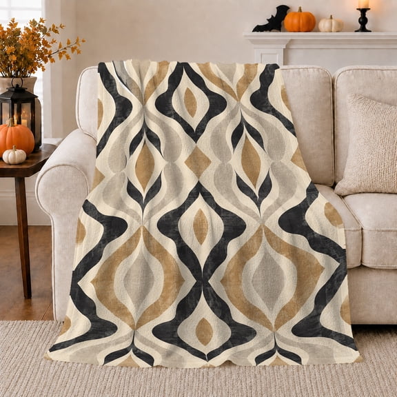 Geometric Diamond Optical Texture Pumpkin Sofa Inviting, Festive Halloween Scene, Warm Flannel Blanket for Living Room and Family Room, Art Lovers Halloween Gift, Festive Home Decor