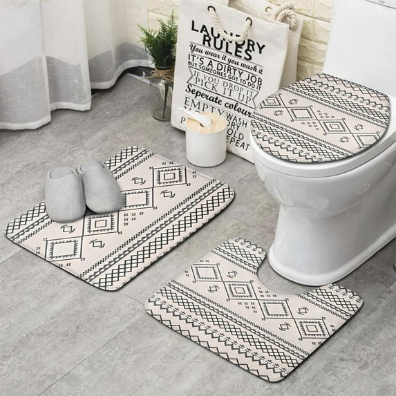 Geometric Diamond Striped Pattern Bathroom Rugs Sets 3 Piece,Toilet Cover Set,Absorbent Non Slip Bathroom Mats Sets with U-Shaped Contour Rug Toilet Rug Set