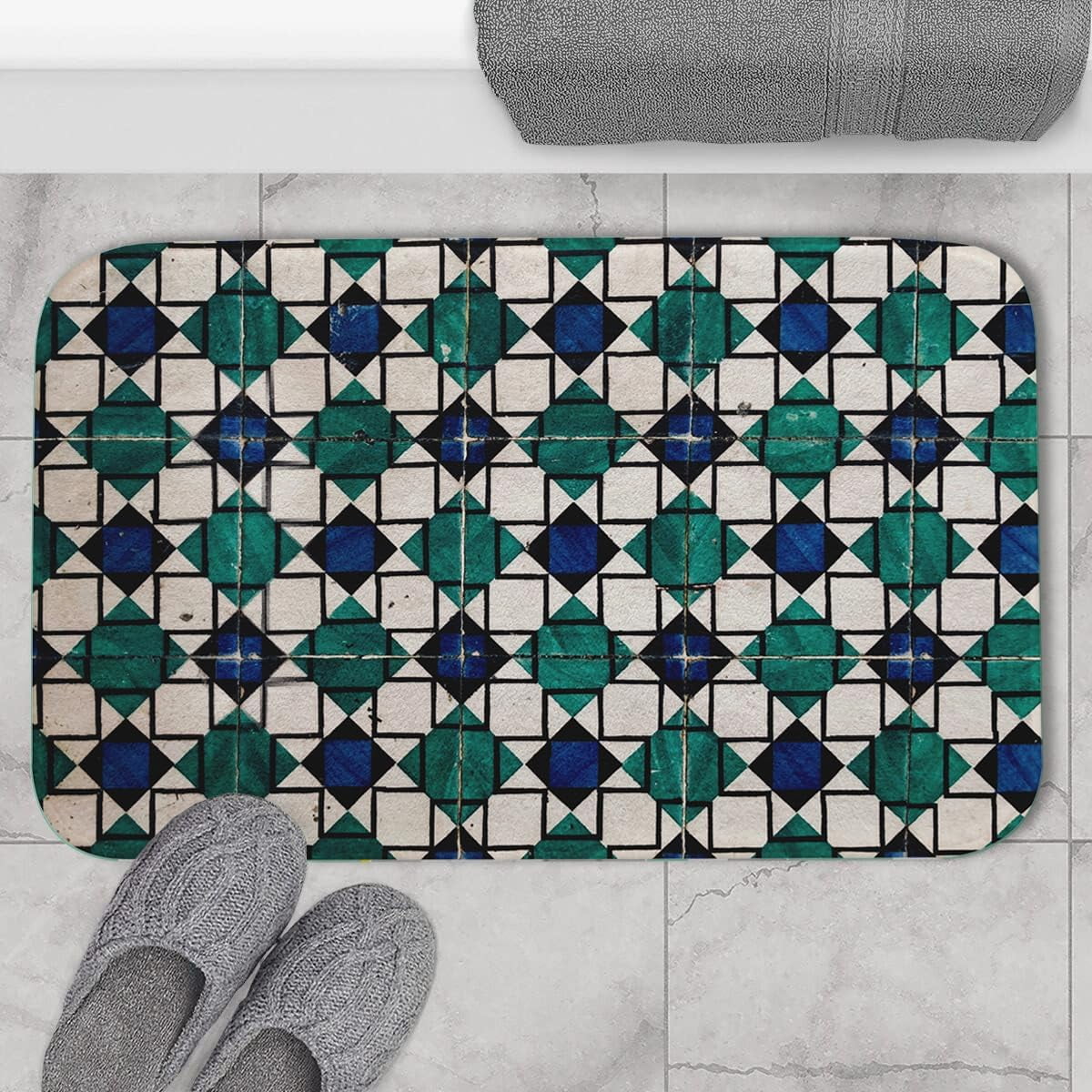 Geometric Diamond Tiles Bath Mat Non Slip Entrance Mat Doormat Dark Blue Green Geometry Neutral Bathroom Tub Rugs Extra Soft and Water Absorbent Door Mat Floor Mats 19.5x31.5 Inch