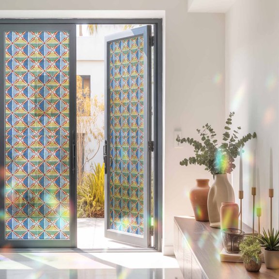 Geometric Diamond Traditional Pattern Window Privacy Film, Rainbow Film Decorative Window Sticker 23.6x78.7in, Simplistic Grid Art Sun Blocking Static Stained Glass Cling Tint Non-Adhesive