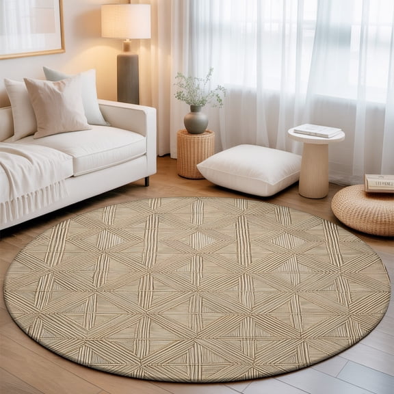 Geometric Diamond Weave Round Rug 4Ft Boho Interwoven Straw Brown Circle Area Rugs Washable Non Slip Indoor Floor Mats Carpet for Living Room Bedroom Dining Room Home Decor