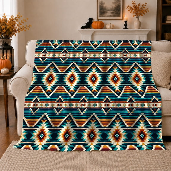 Geometric Diamonds and Stepped Stars Flannel Blanket, Turquoise Orange and Cream Striped Design for Adult Abstract Art Lovers, Housewarming Gift Throw Blanket for Living Room and Bedroom