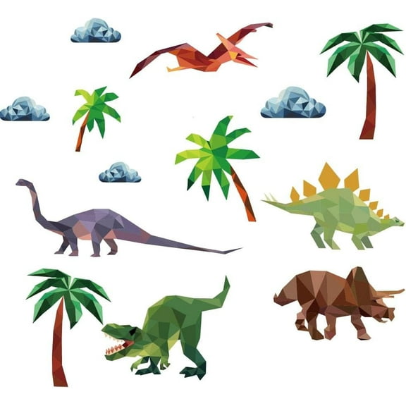 Geometric Dinosaur Wall Decal Dinosaur Themed Stickers with Cocoanut Clouds Vinyl Dinosaur Clings Dino Stickers Decals Peel and Stick DIY Wall Art Decor Decals Murals for Kid's Room colorful