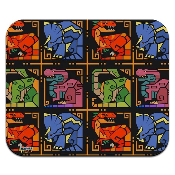 Geometric Dinosaurs Aztec Mayan Style Tyrannosaurus Triceratops Velociraptor Brontosaurus Pattern Low Profile Thin Mouse Pad Mousepad