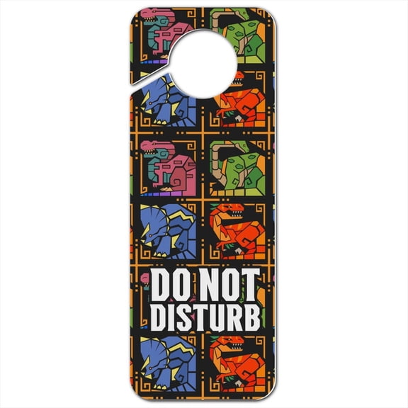 Geometric Dinosaurs Aztec Mayan Style Tyrannosaurus Triceratops Velociraptor Brontosaurus Pattern Plastic Door Knob Hanger Sign
