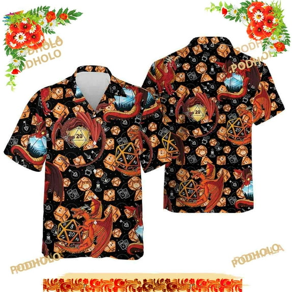 Geometric DnD Hawaiian Shirt, Dungeon and Dragon Hawaii Shirt, Dragons Dices Pattern