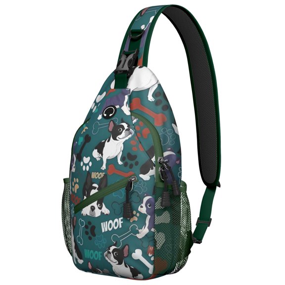 Geometric Dog Pattern Sling Backpack for Women Men, Abstract Canine Print Crossbody Bag with Paw and Bone Design, Travel Hiking Daypack
