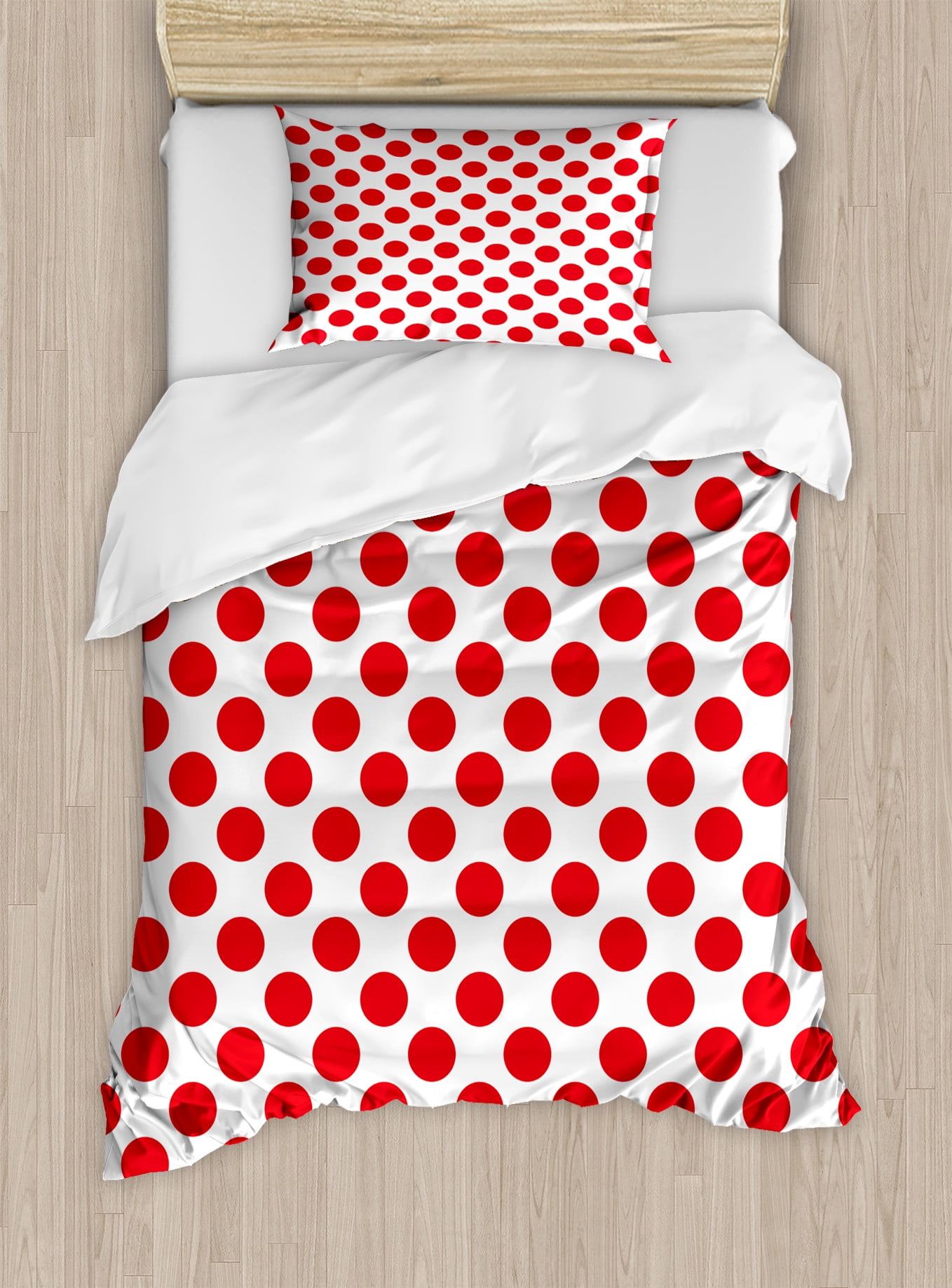 Twin Vermilion and White Polka Dot Duvet Cover Set
