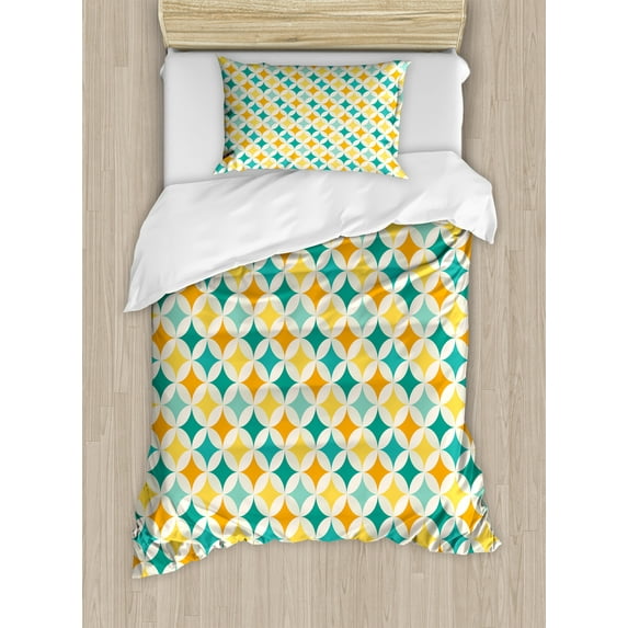 Geometric Duvet Cover Set, Abstract Colorful Pattern Circular and Diamond Shaped Cubic Print, Decorative 2 Piece Bedding Set with 1 Pillow Shams, Twin Size, Yellow and Blue, by Ambesonne