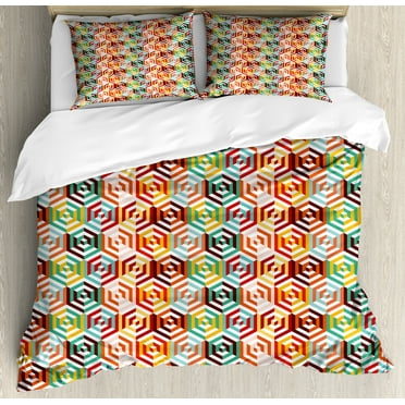 Geometric Duvet Cover Set, Abstract Cubes Isometric Hexagonal Shaped Pattern Colorful Retro Design Print, Decorative 3 Piece Bedding Set with 2 Pillow Shams, Calking Size, Mustard Orange, by Ambesonne