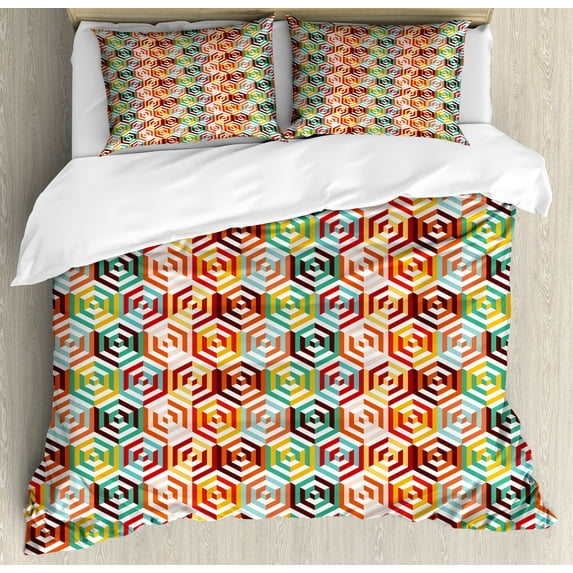 Geometric Duvet Cover Set, Abstract Cubes Isometric Hexagonal Shaped Pattern Colorful Retro Design Print, Decorative 3 Piece Bedding Set with 2 Pillow Shams, Queen Size, Mustard Orange, by Ambesonne