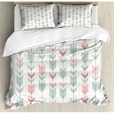Geometric Duvet Cover Set, Abstract Design with Chevron Triangles and Stripes Dots Modern Image, Decorative 3 Piece Bedding Set with 2 Pillow Shams, King Size, Pale Blue and Pink, by Ambesonne
