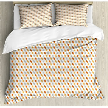Geometric Duvet Cover Set, Abstract Diamond Lines Simplistic Thin Stripes Warm Tones, Decorative 3 Piece Bedding Set with 2 Pillow Shams, Calking Size, Pale Orange Vermilion, by Ambesonne