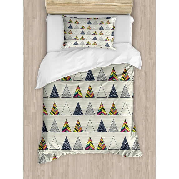 Geometric Duvet Cover Set, Abstract Hand Drawn Triangles with Minimalist Modern Native Boho Style Illustration, Decorative 2 Piece Bedding Set with 1 Pillow Shams, Twin Size, Taupe, by Ambesonne