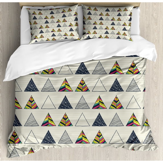 Geometric Duvet Cover Set, Abstract Hand Drawn Triangles with Minimalist Modern Native Boho Style Illustration, Decorative 3 Piece Bedding Set with 2 Pillow Shams, King Size, Taupe, by Ambesonne