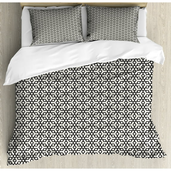 Geometric Duvet Cover Set, Abstract Lines Lattice Symmetric Circles Grid Forms Trellis Style Art, Decorative 3 Piece Bedding Set with 2 Pillow Shams, Calking Size, Off White Black, by Ambesonne