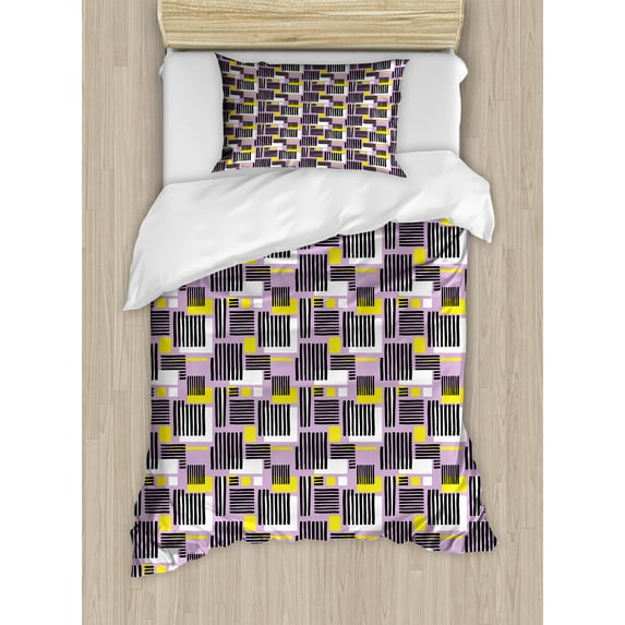Geometric Duvet Cover Set, Abstract Modern Pattern with Grunge Stripes and Squares, Decorative 2 Piece Bedding Set with 1 Pillow Shams, Twin Size, Lilac Charcoal Grey, by Ambesonne
